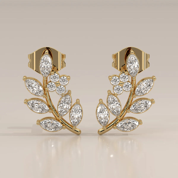 Front View: Marquise Diamond Stud Earrings with Prong Setting in Yellow Gold – Lab Grown – Driona Jewels