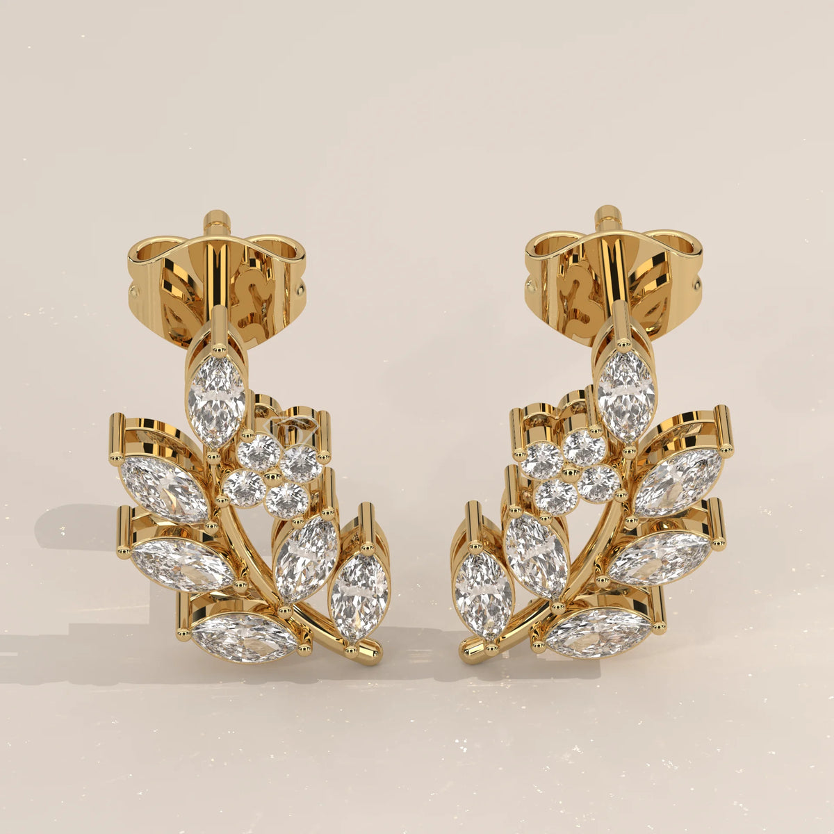Pair Front View: Marquise Diamond Stud Earrings with Prong Setting in Yellow Gold – Lab Grown – Driona Jewels
