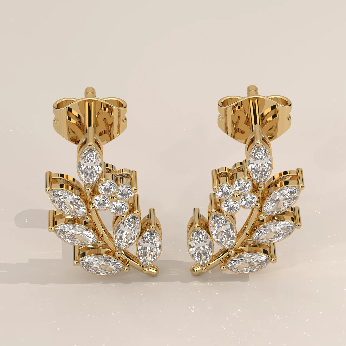 Pair Front View: Marquise Diamond Stud Earrings with Prong Setting in Yellow Gold – Lab Grown – Driona Jewels