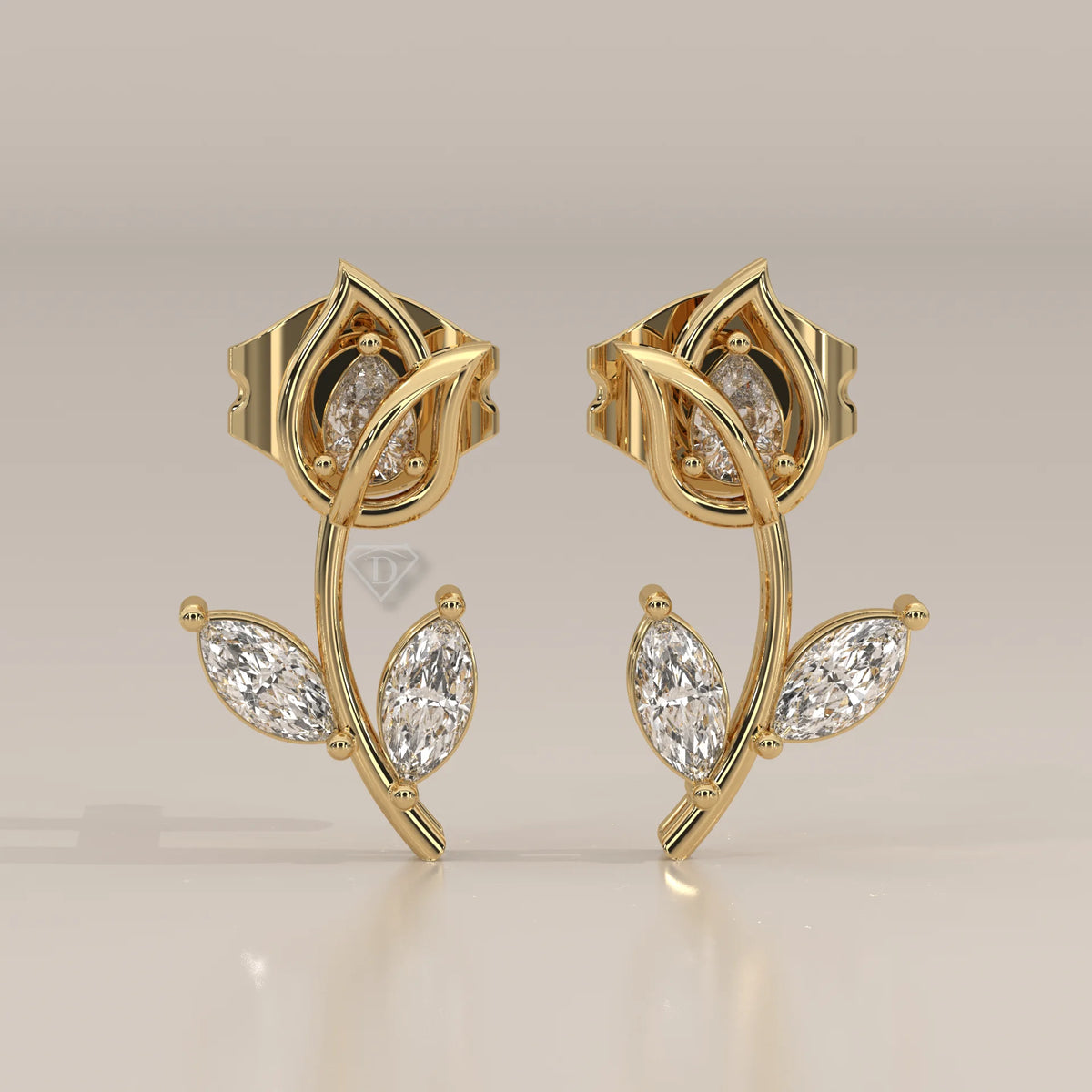 Front View: Marquise Diamond Ear Climber Earrings with Prong Setting in Yellow Gold – Lab Grown – Driona Jewels