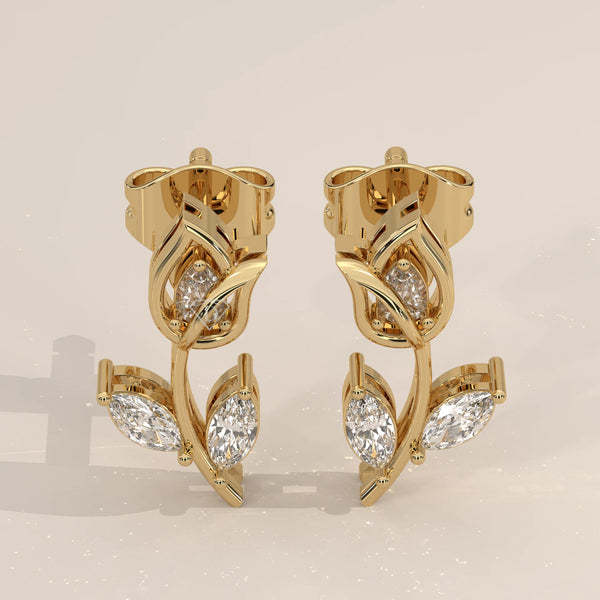 Pair Front View: Marquise Diamond Ear Climber Earrings with Prong Setting in Yellow Gold – Lab Grown – Driona Jewels