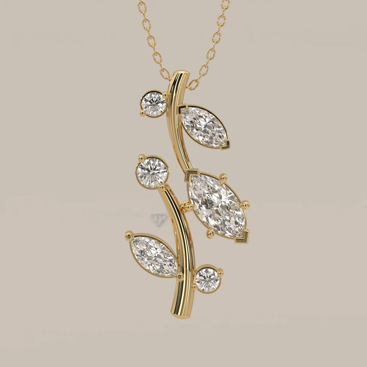 Marquise Leaf Lab Grown Diamond Vine Pendant with Bezel Rounds in yellow gold, front view on a plain background.