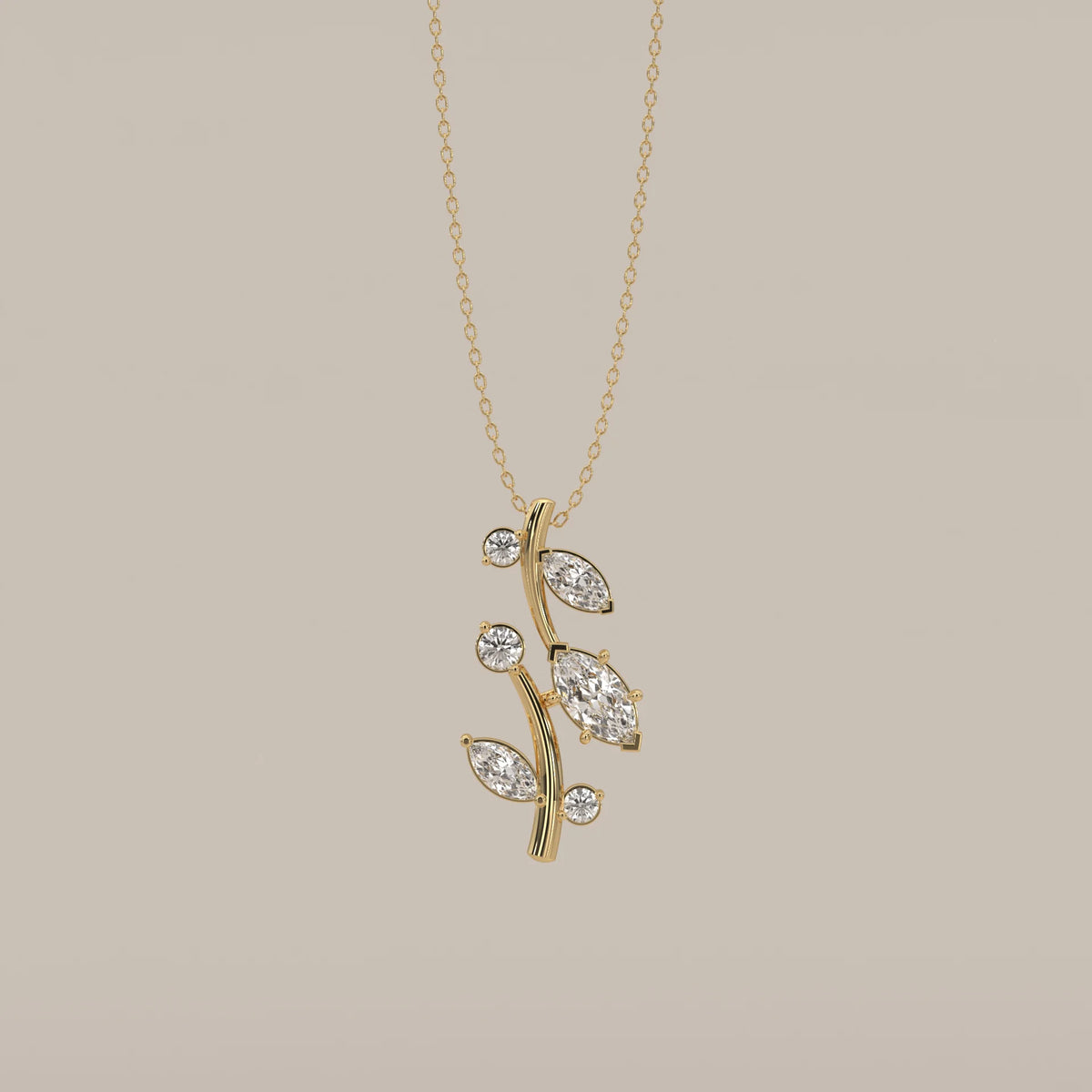 Marquise Leaf Lab Grown Diamond Vine Pendant with Bezel Rounds in yellow gold, shown from the front.