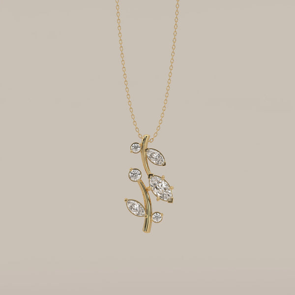 Marquise Leaf Lab Grown Diamond Vine Pendant with Bezel Rounds in yellow gold, shown from the front.