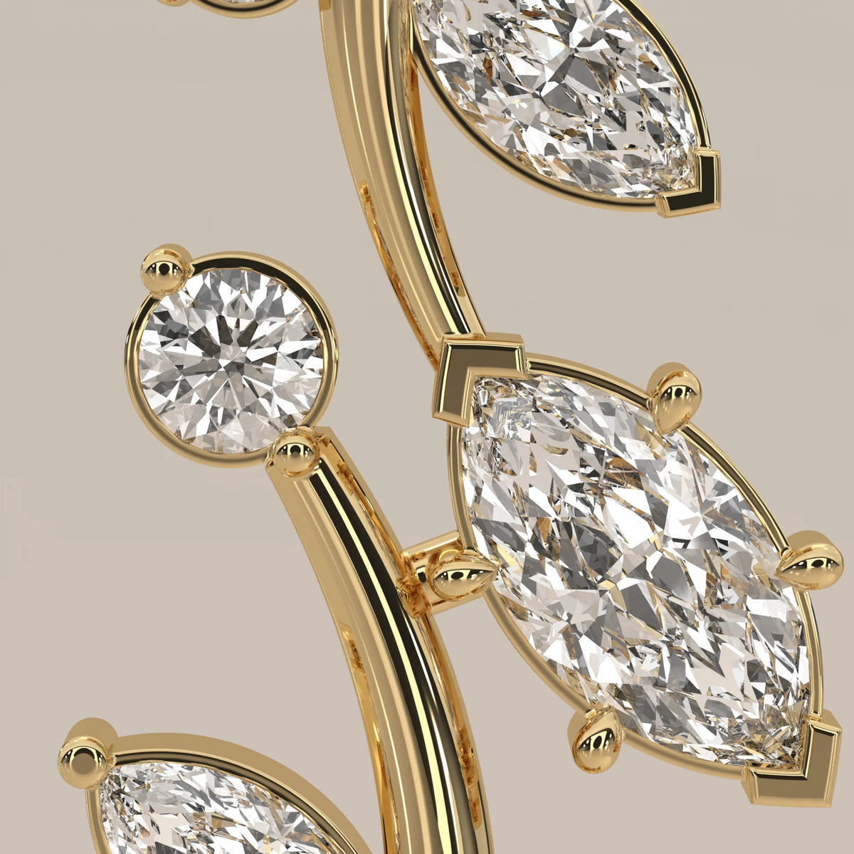 Marquise Leaf Lab Grown Diamond Vine Pendant with Bezel Rounds in yellow gold, shown on a plain background.