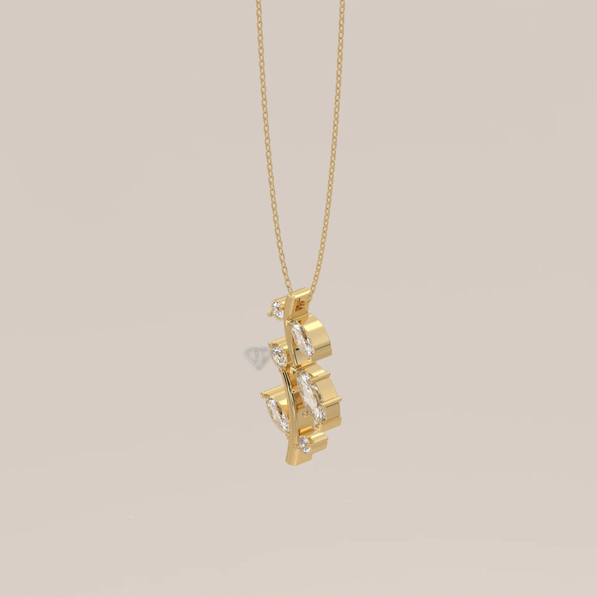 Marquise Leaf Lab Grown Diamond Vine Pendant with Bezel Rounds in yellow gold, shown from the side.
