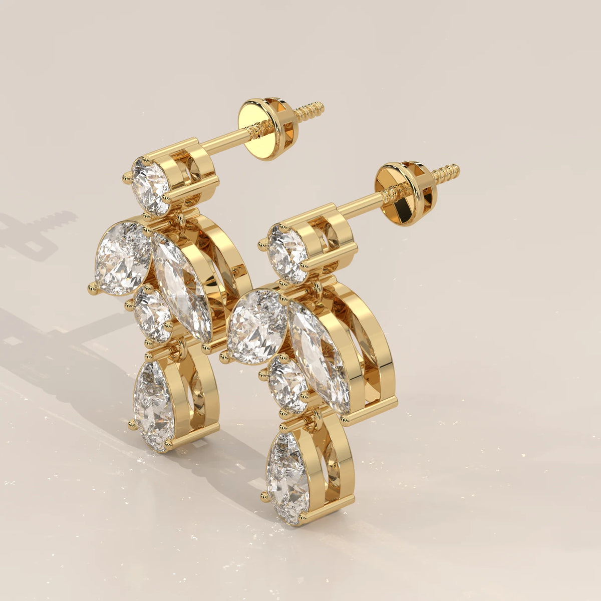 Marquise Leaf and Pear Lab Grown Diamond Drop Earrings in yellow gold, photographed head-on.