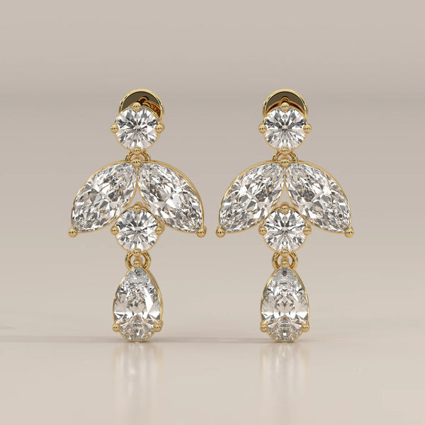 Marquise Leaf and Pear Lab Grown Diamond Drop Earrings in yellow gold, shown from the front.