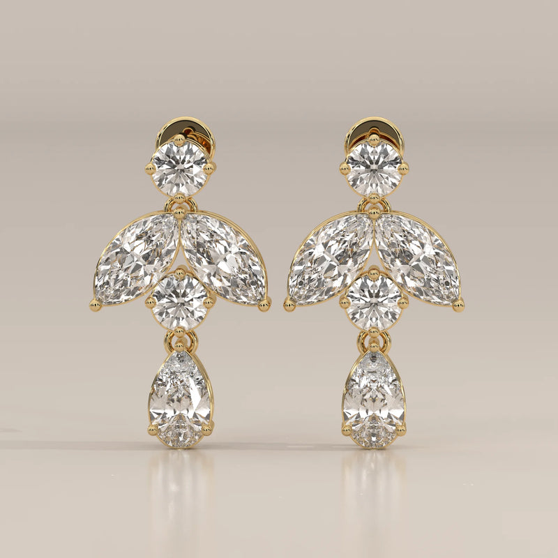 Marquise Leaf and Pear Lab Grown Diamond Drop Earrings in yellow gold, shown from the front.