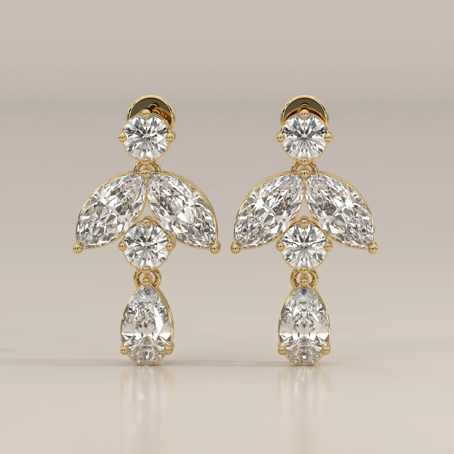 Marquise Leaf and Pear Lab Grown Diamond Drop Earrings in yellow gold, shown from the front.