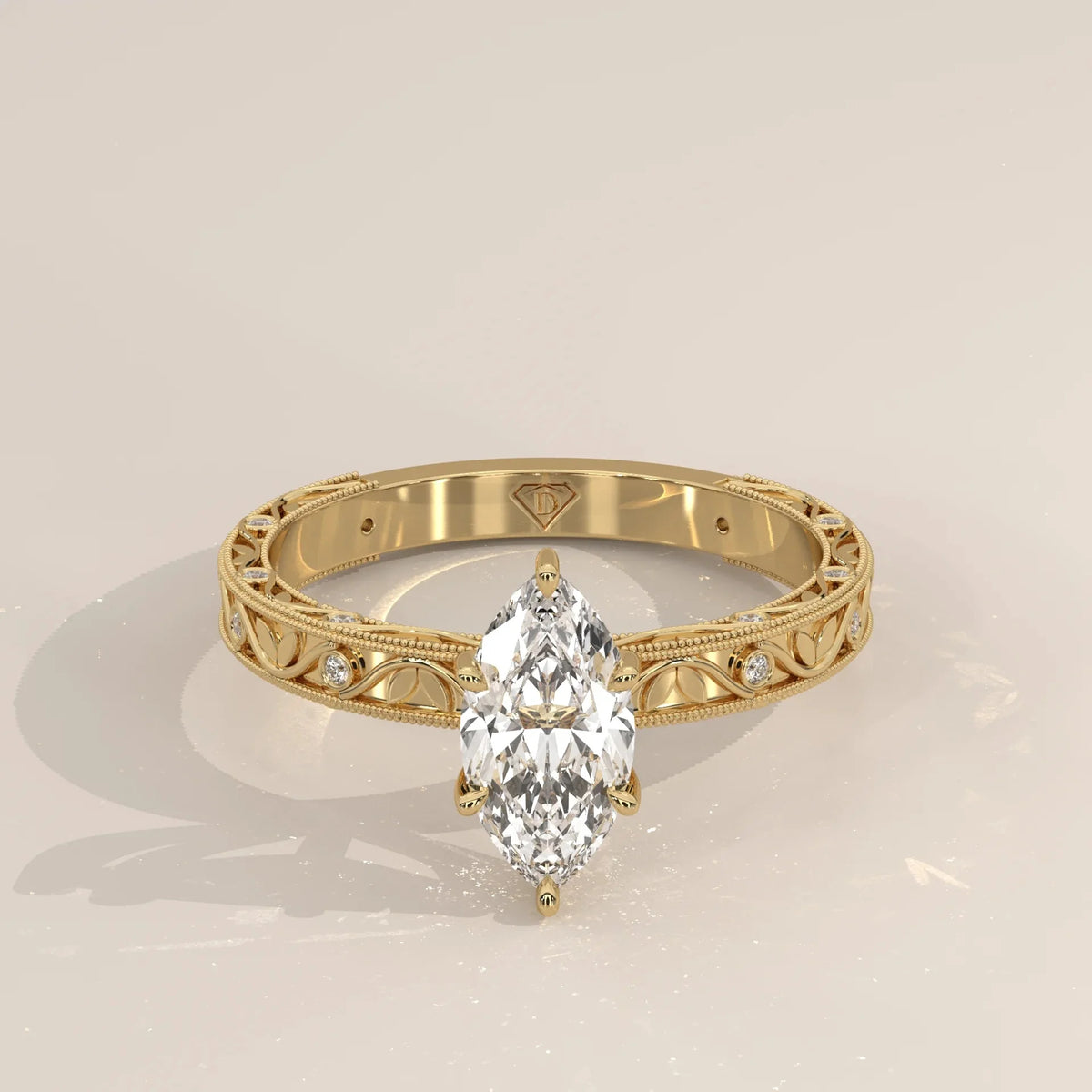 Front View: Marquise Diamond Ring with Openwork Setting in Yellow Gold – Lab Grown – Driona Jewels