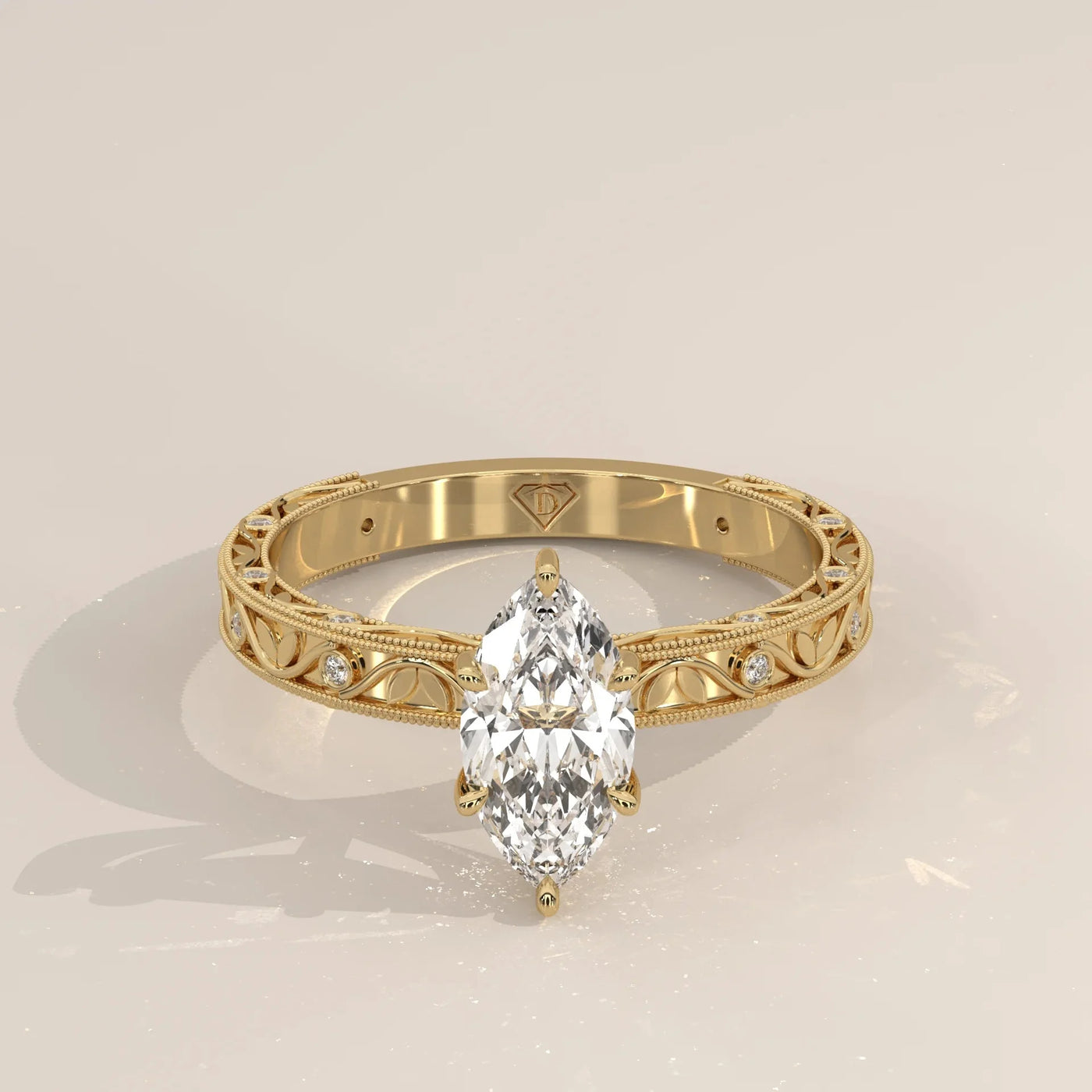 Front View: Marquise Diamond Ring with Openwork Setting in Yellow Gold – Lab Grown – Driona Jewels