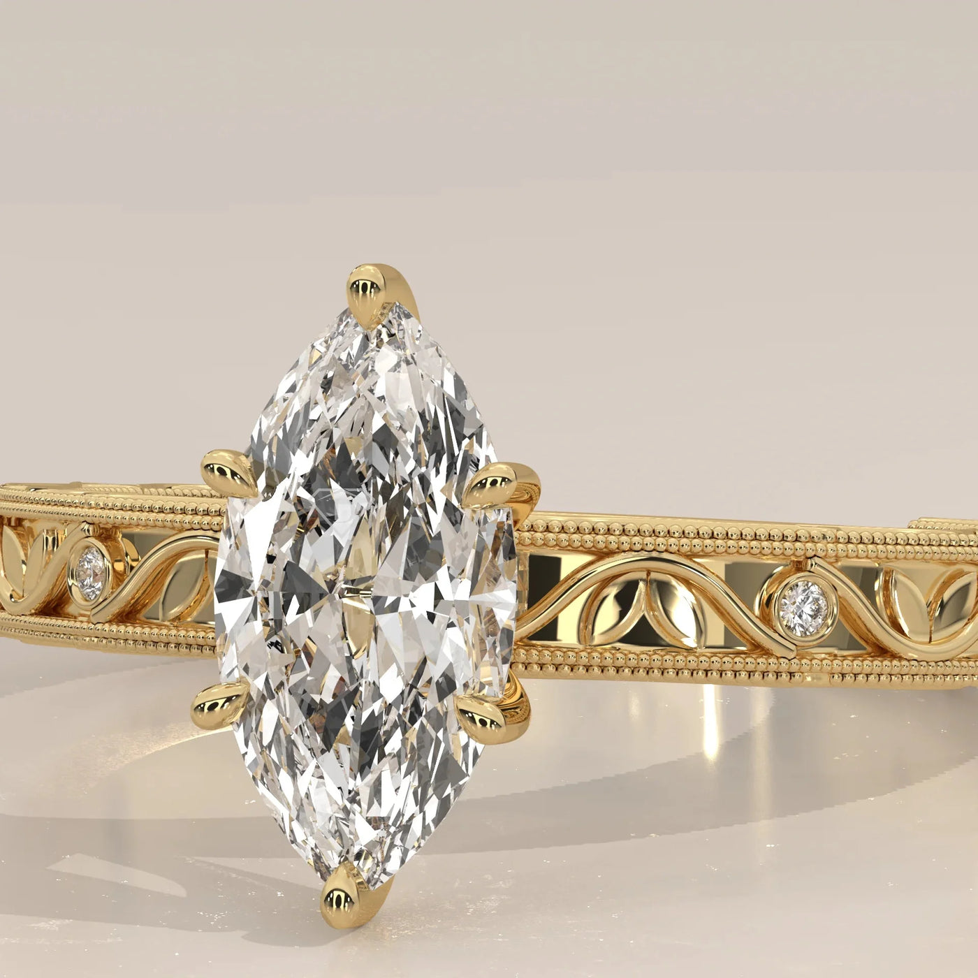 Front View: Marquise Diamond Ring with Openwork Setting in Yellow Gold – Lab Grown – Driona Jewels