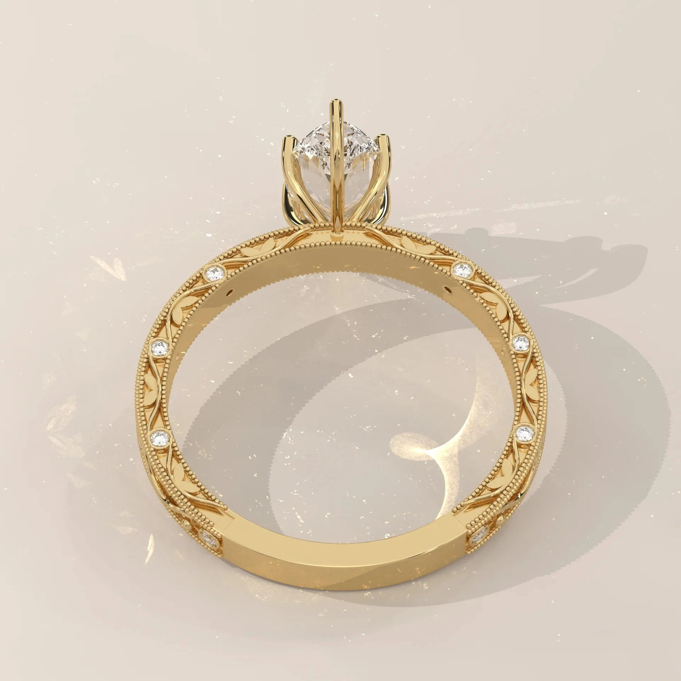 Front View: Marquise Diamond Ring with Openwork Setting in Yellow Gold – Lab Grown – Driona Jewels
