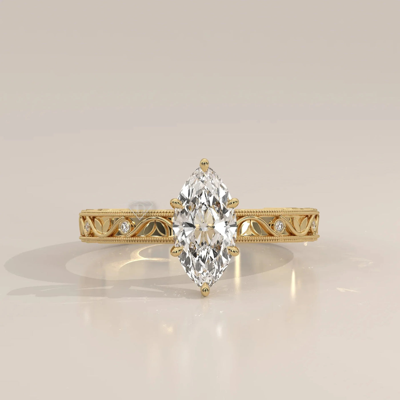 Front View: Marquise Diamond Ring with Openwork Setting in Yellow Gold – Lab Grown – Driona Jewels