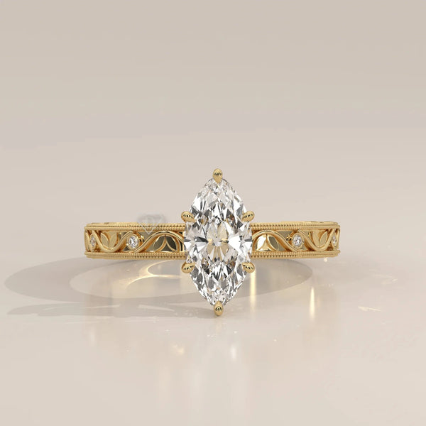 Front View: Marquise Diamond Ring with Openwork Setting in Yellow Gold – Lab Grown – Driona Jewels