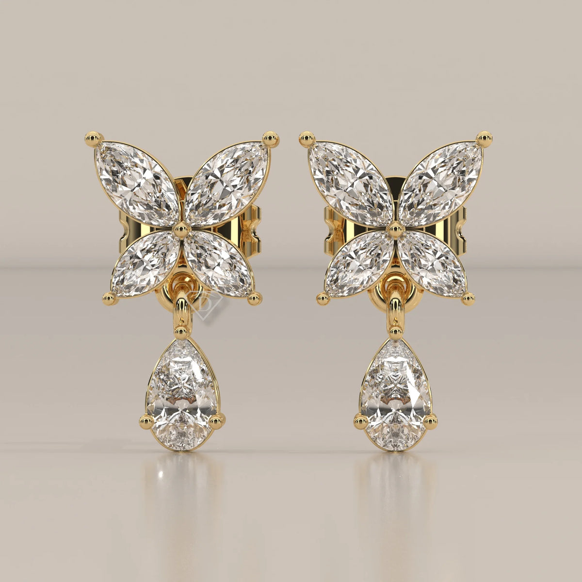 Front View: Marquise Diamond Drop Earrings with Prong Setting in Yellow Gold – Lab Grown – Driona Jewels