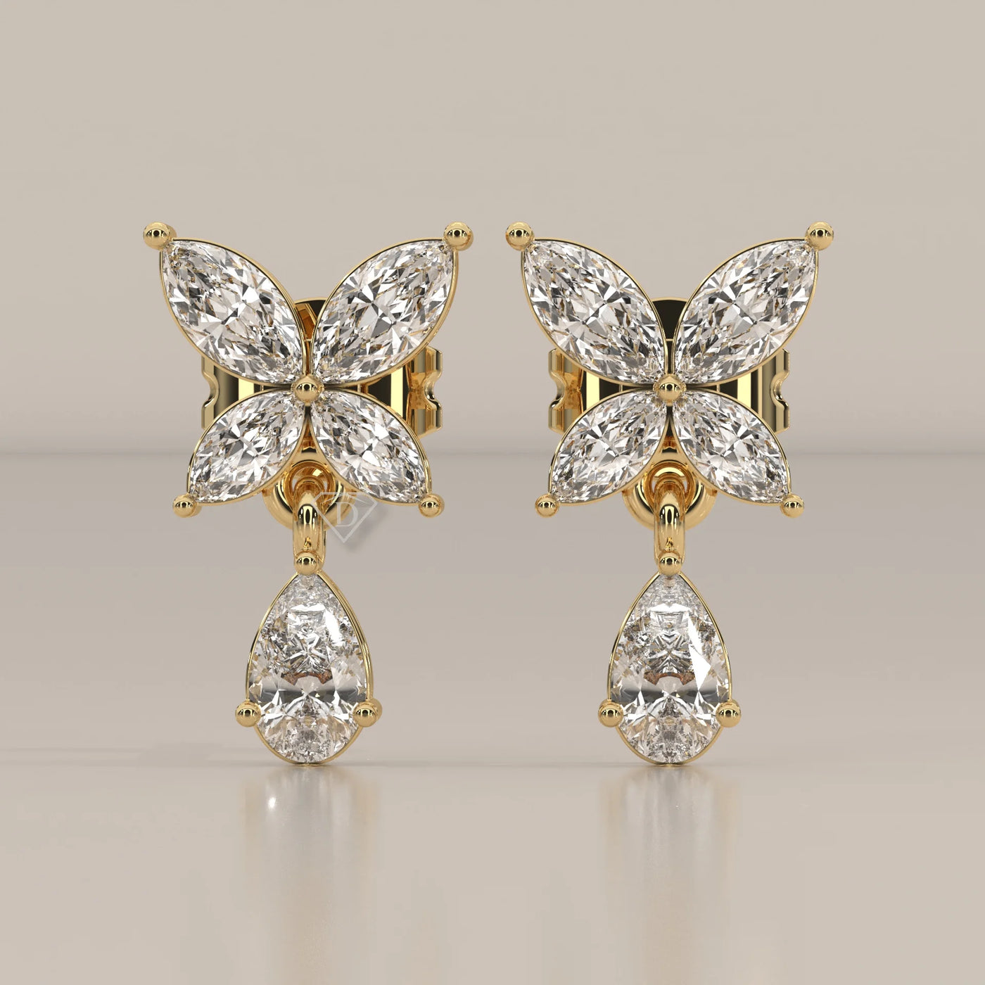 Front View: Marquise Diamond Drop Earrings with Prong Setting in Yellow Gold – Lab Grown – Driona Jewels
