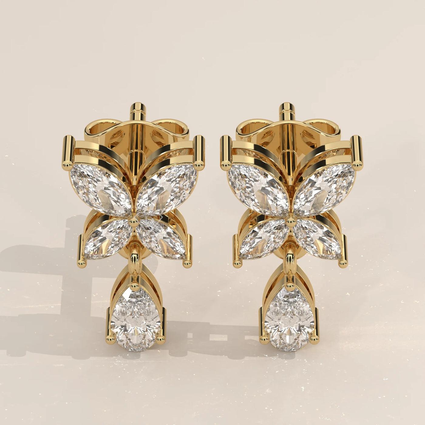 Pair Front View: Marquise Diamond Drop Earrings with Prong Setting in Yellow Gold – Lab Grown – Driona Jewels
