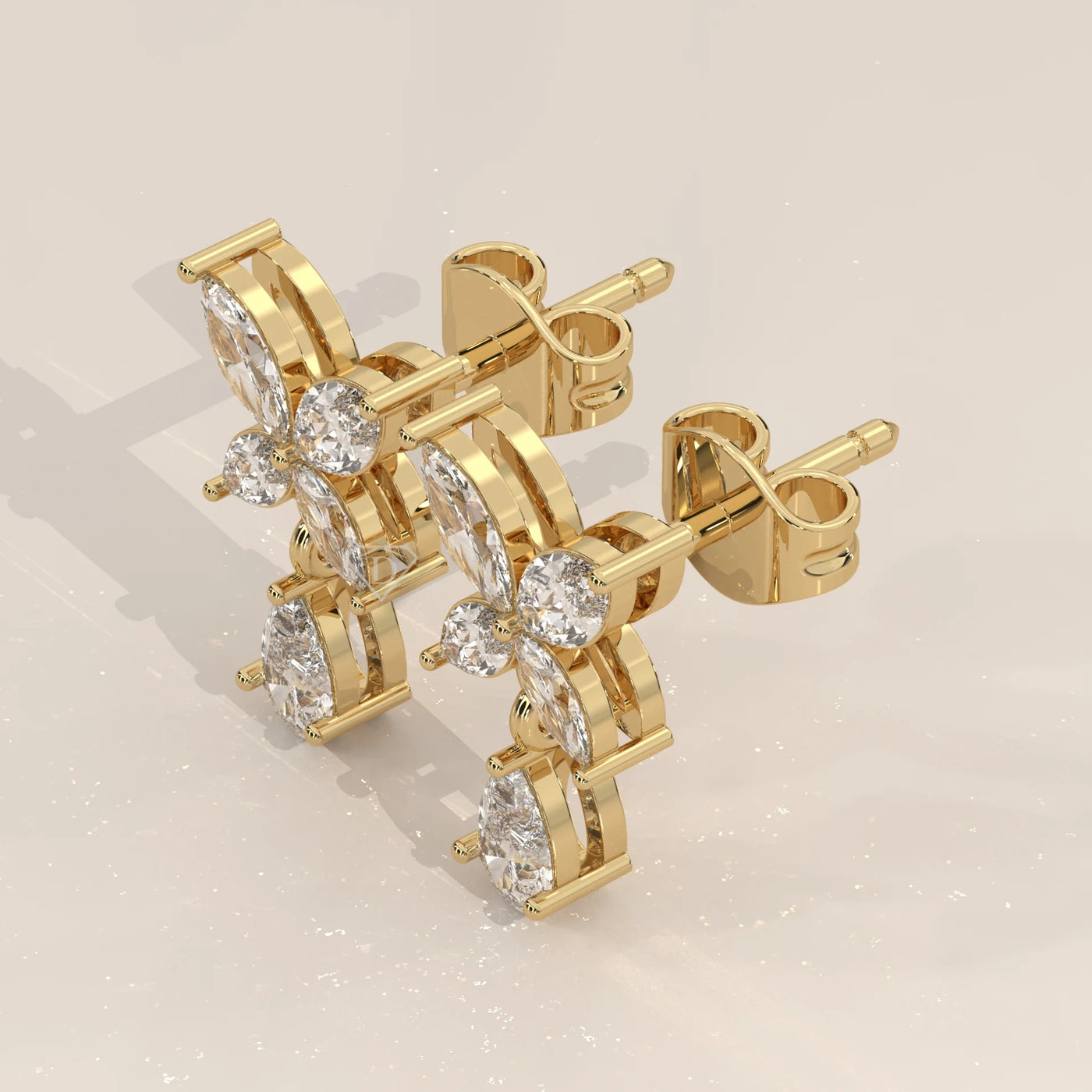 Three-Quarter View: Marquise Diamond Drop Earrings with Prong Setting in Yellow Gold – Lab Grown – Driona Jewels