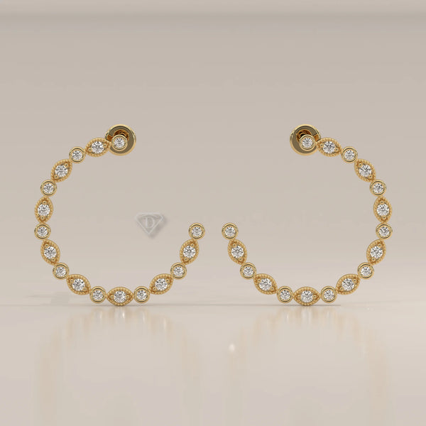 Front View: Marquise Diamond Hoop Earrings with Prong Setting in Yellow Gold – Lab Grown – Driona Jewels