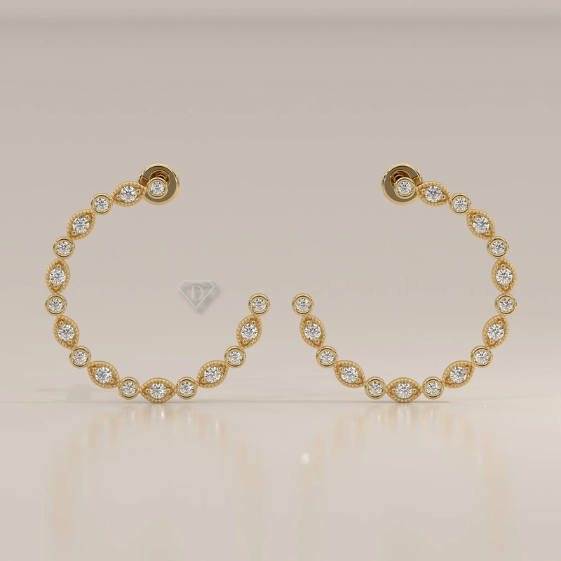 Front View: Marquise Diamond Hoop Earrings with Prong Setting in Yellow Gold – Lab Grown – Driona Jewels