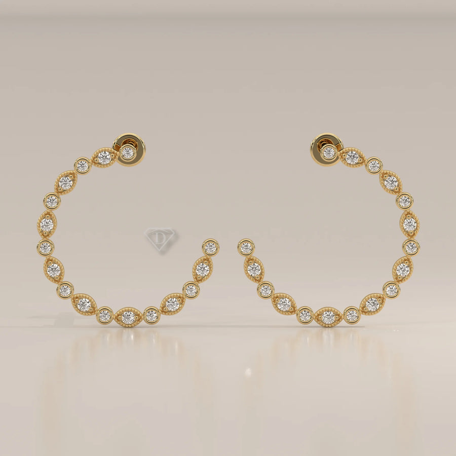 Front View: Marquise Diamond Hoop Earrings with Prong Setting in Yellow Gold – Lab Grown – Driona Jewels