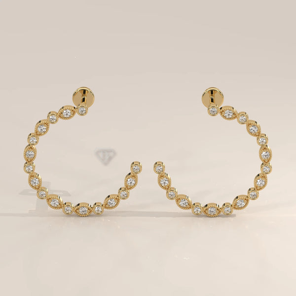 Pair Front View: Marquise Diamond Hoop Earrings with Prong Setting in Yellow Gold – Lab Grown – Driona Jewels