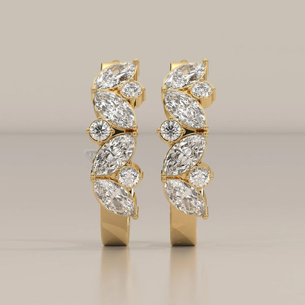 Marquise and Round Lab Grown Diamond Hoops in a Leaf Pattern in yellow gold, shown from the front.