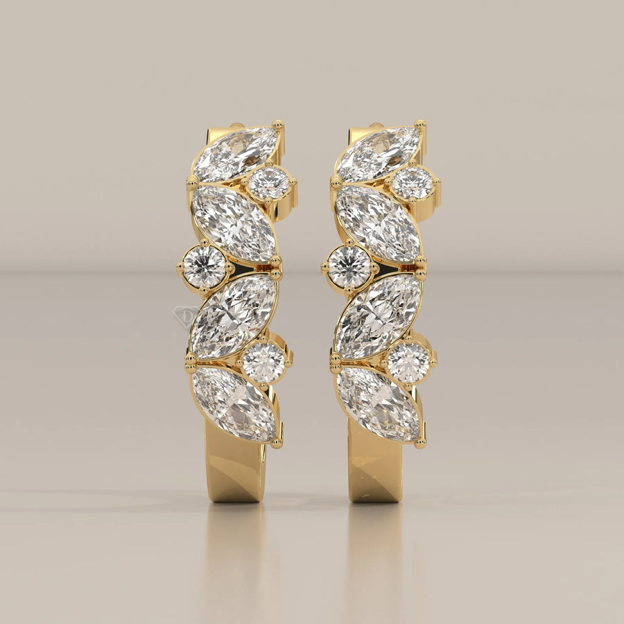 Marquise and Round Lab Grown Diamond Hoops in a Leaf Pattern in yellow gold, shown from the front.