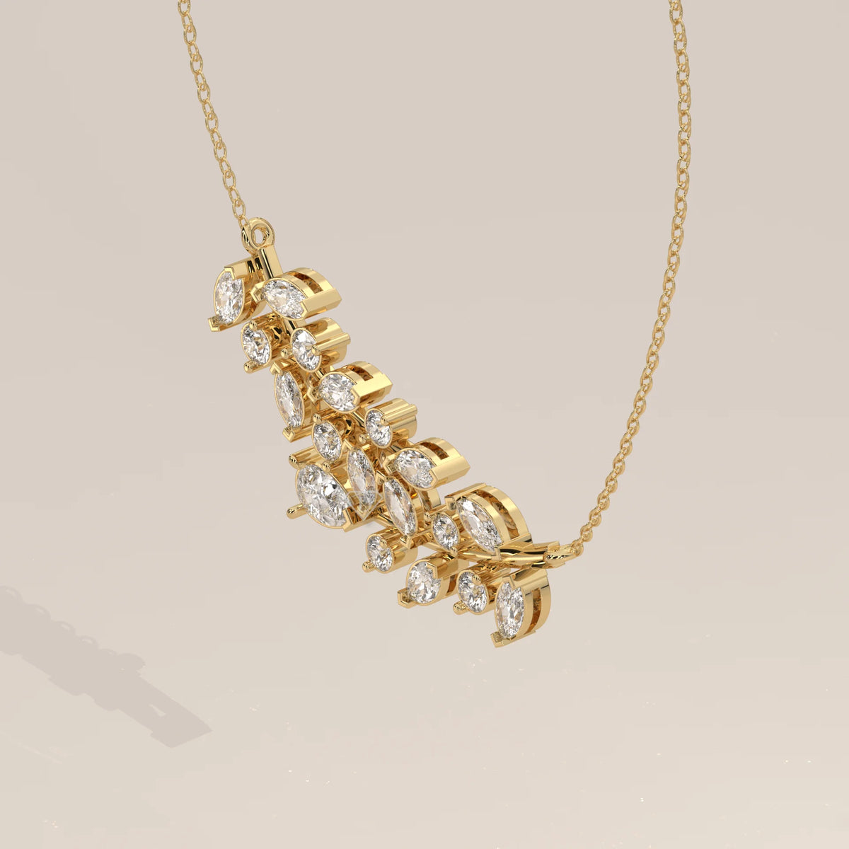 Marquise and Round Lab Grown Diamond Laurel Garland Bar Pendant in yellow gold, shown on a plain background.