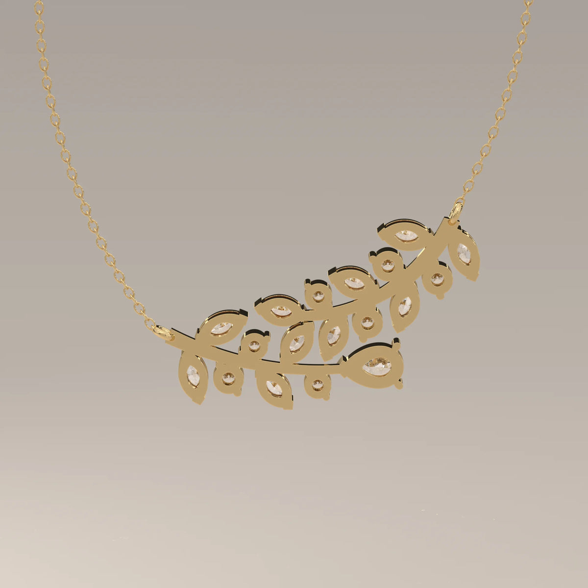 Marquise and Round Lab Grown Diamond Laurel Garland Bar Pendant in yellow gold, shown at an angle.