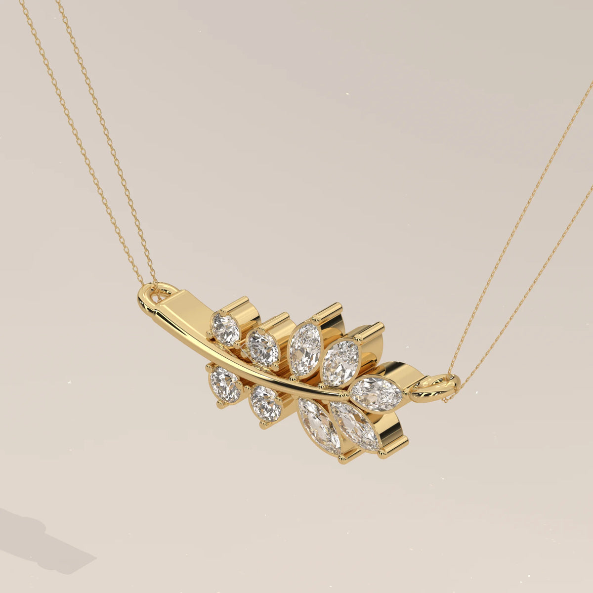 Marquise and Round Lab Grown Diamond Leaf Branch Bar Pendant in yellow gold, shown on a plain background.