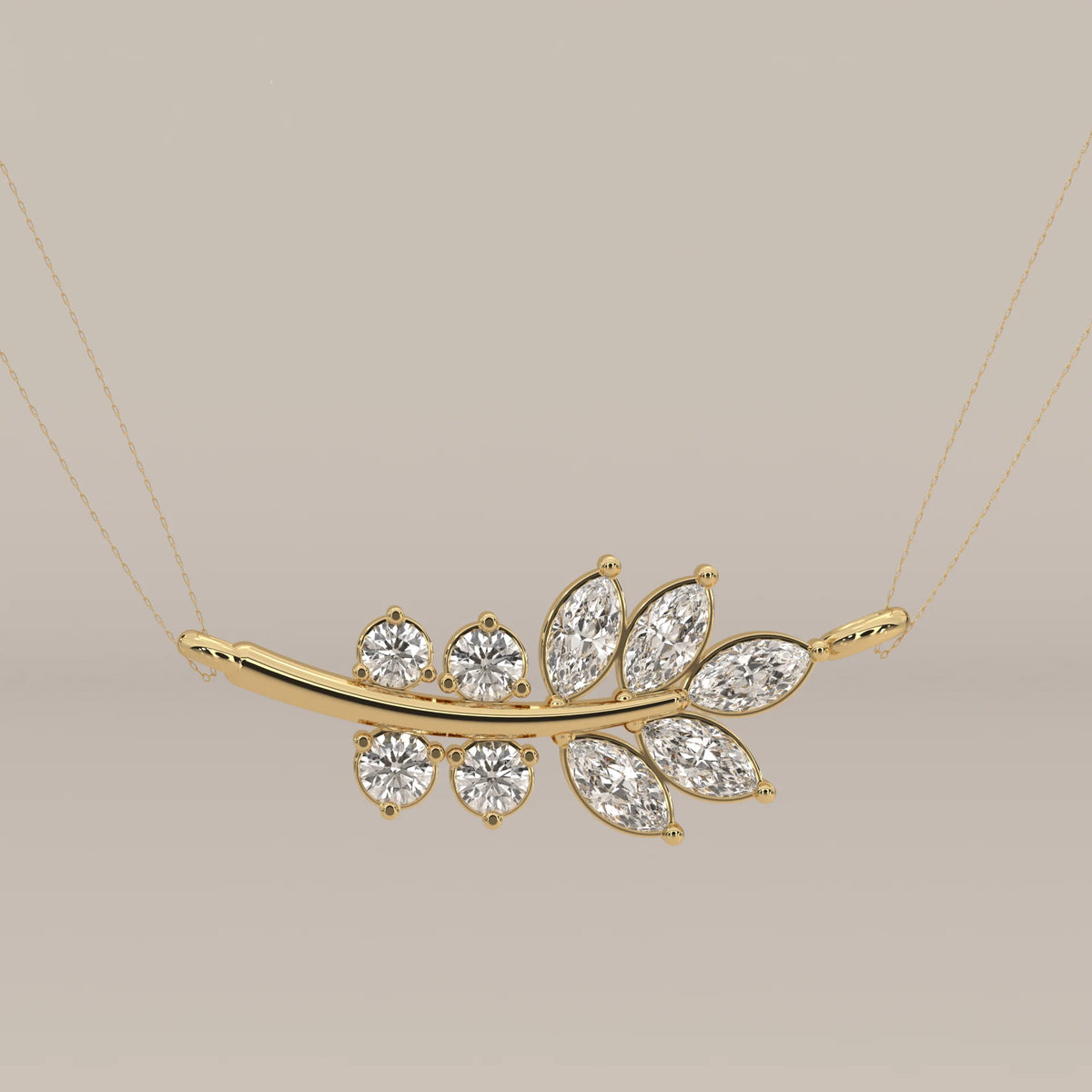Marquise and Round Lab Grown Diamond Leaf Branch Bar Pendant in yellow gold, shown from the front.
