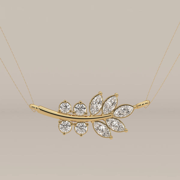 Marquise and Round Lab Grown Diamond Leaf Branch Bar Pendant in yellow gold, shown from the front.