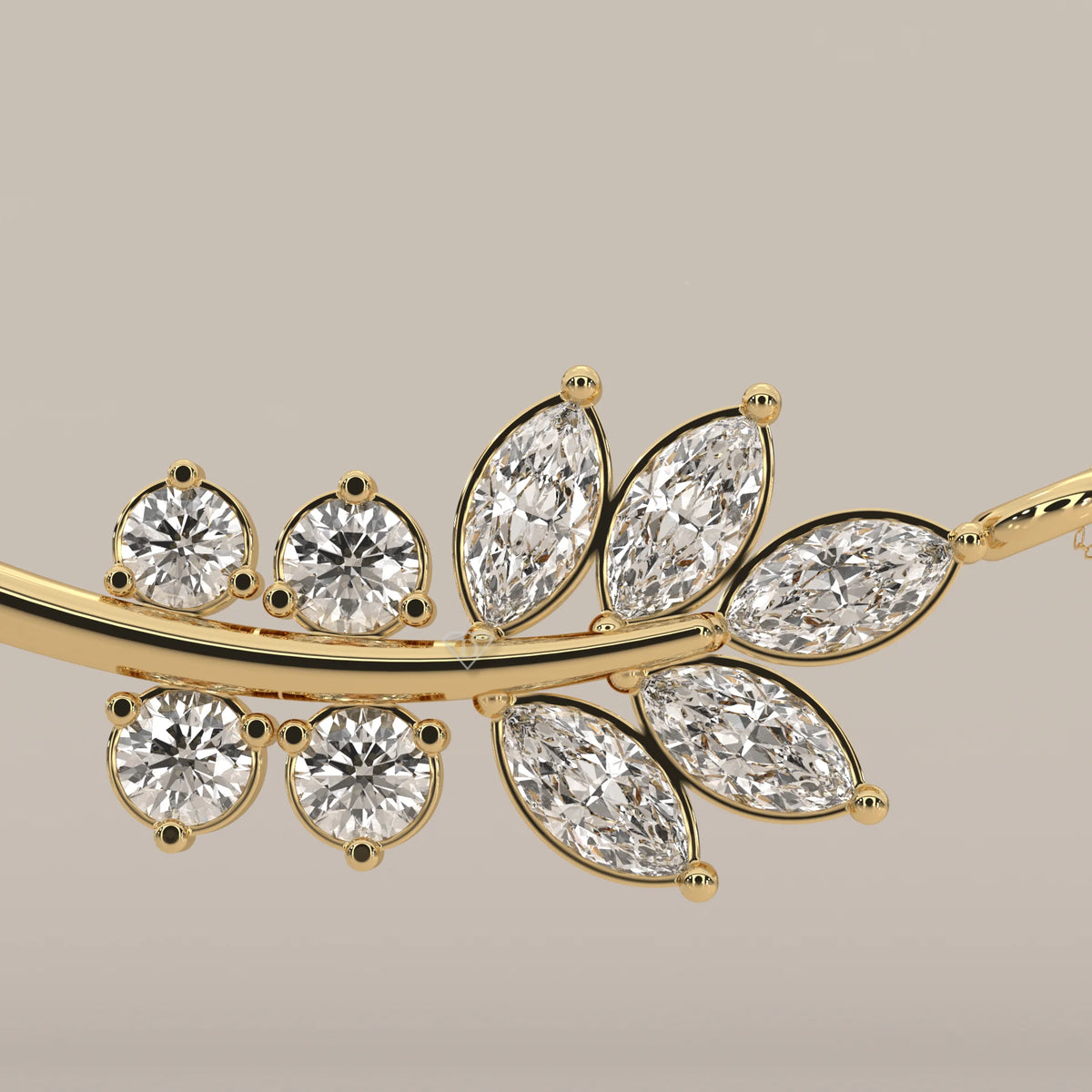 Marquise and Round Lab Grown Diamond Leaf Branch Bar Pendant in yellow gold, shown from the side.