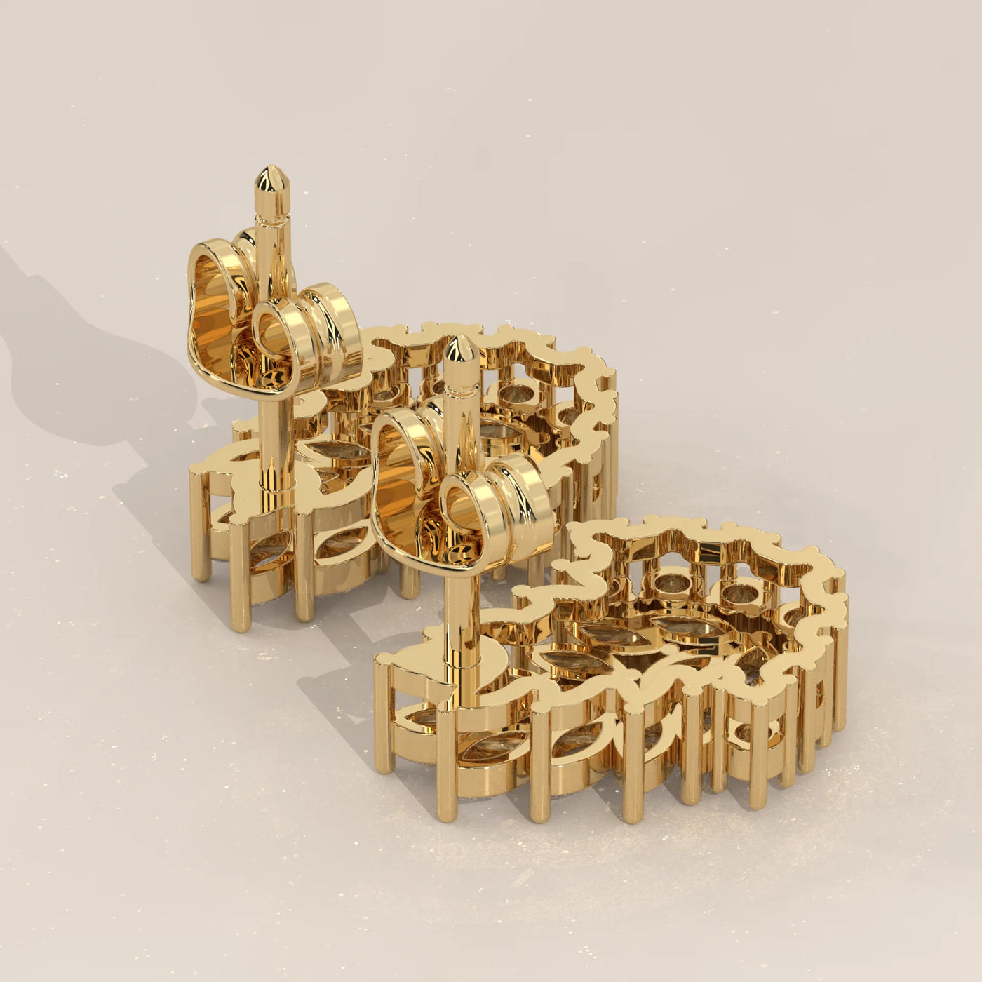 Angle View: Marquise Diamond Stud Earrings with Cluster Setting in Yellow Gold – Lab Grown – Driona Jewels
