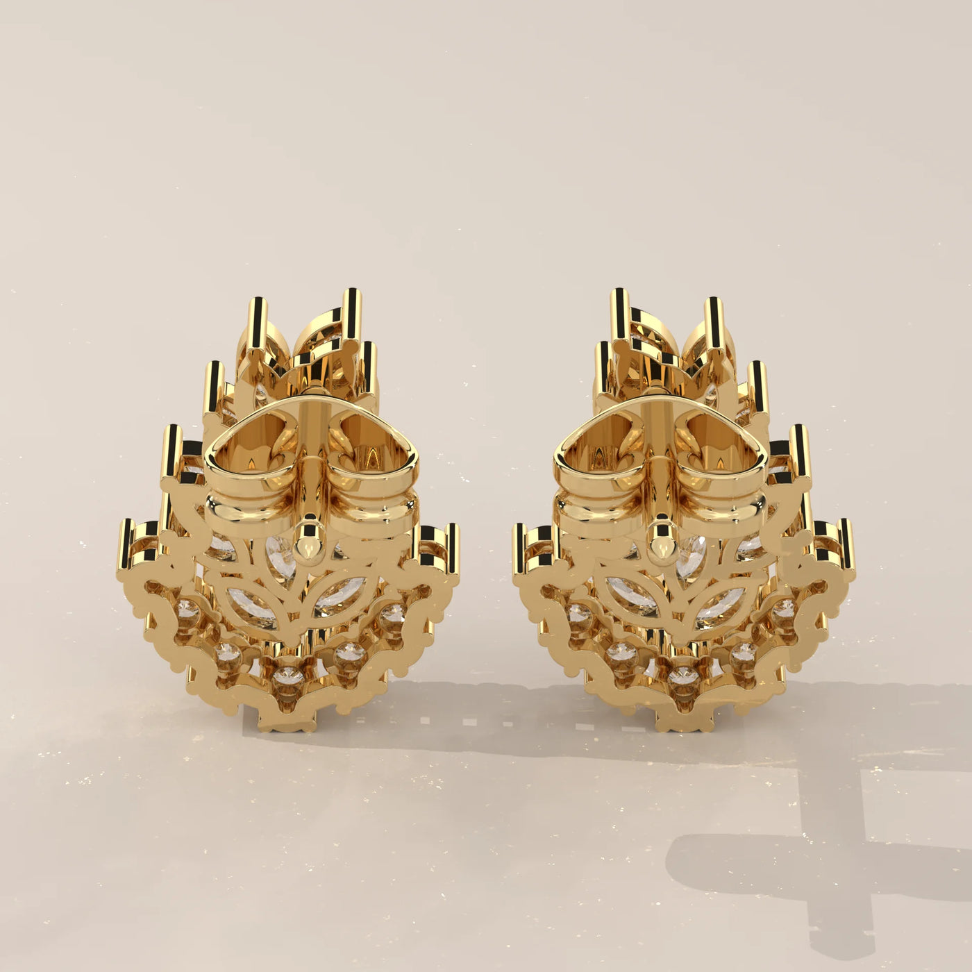Back View: Marquise Diamond Stud Earrings with Cluster Setting in Yellow Gold – Lab Grown – Driona Jewels