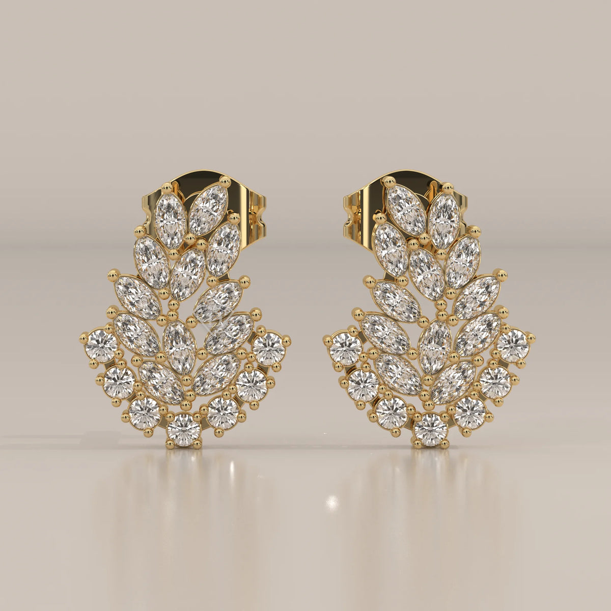 Front View: Marquise Diamond Stud Earrings with Cluster Setting in Yellow Gold – Lab Grown – Driona Jewels