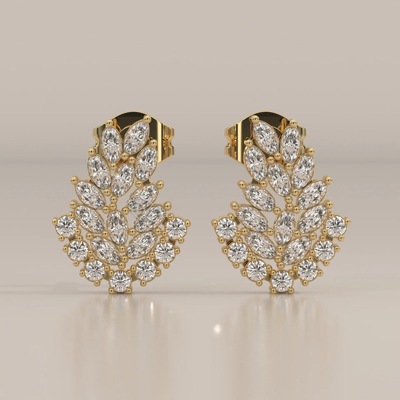Front View: Marquise Diamond Stud Earrings with Cluster Setting in Yellow Gold – Lab Grown – Driona Jewels