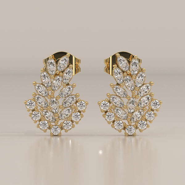 Front View: Marquise Diamond Stud Earrings with Cluster Setting in Yellow Gold – Lab Grown – Driona Jewels