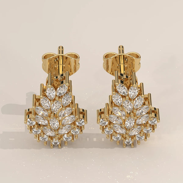 Pair Front View: Marquise Diamond Stud Earrings with Cluster Setting in Yellow Gold – Lab Grown – Driona Jewels