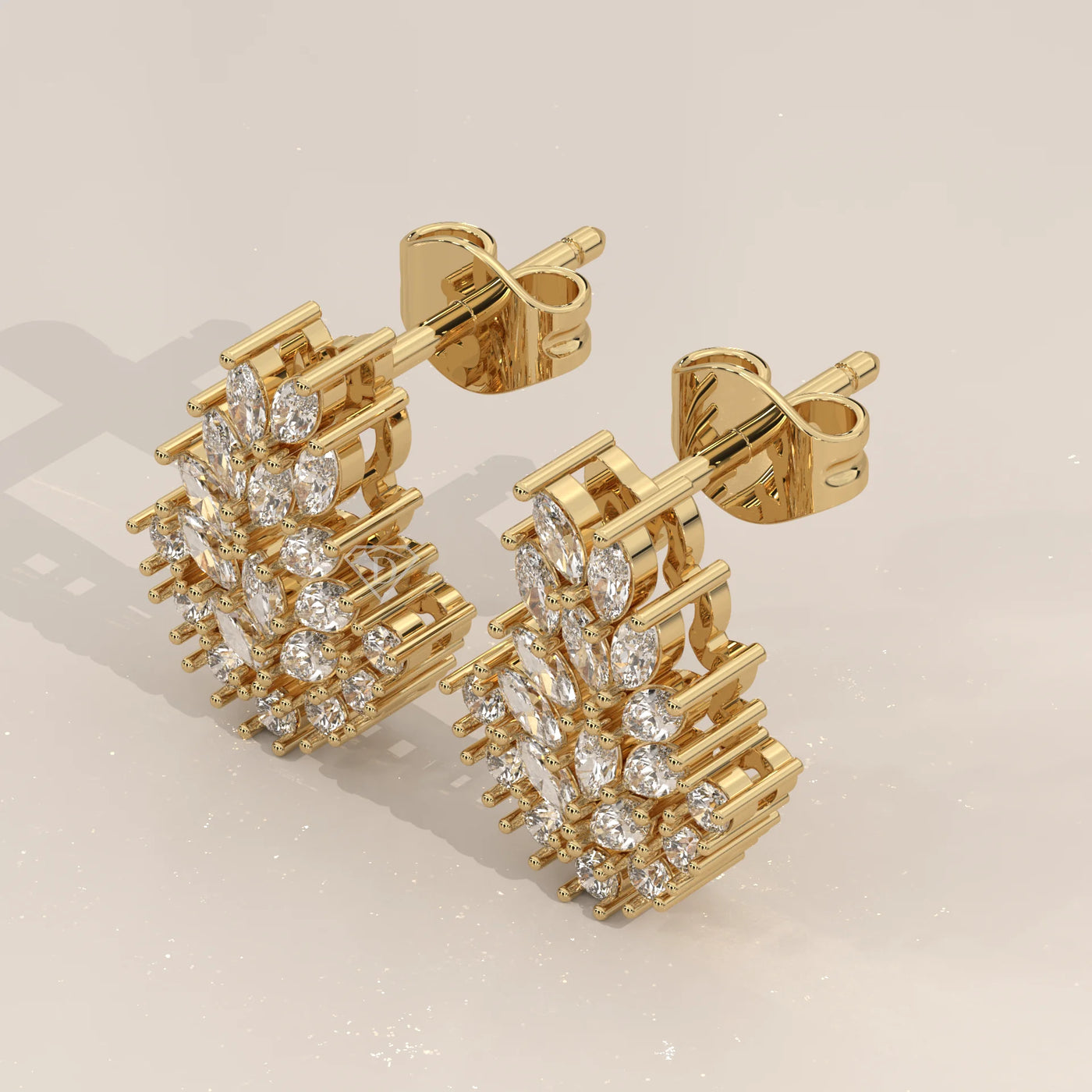 Three-Quarter View: Marquise Diamond Stud Earrings with Cluster Setting in Yellow Gold – Lab Grown – Driona Jewels