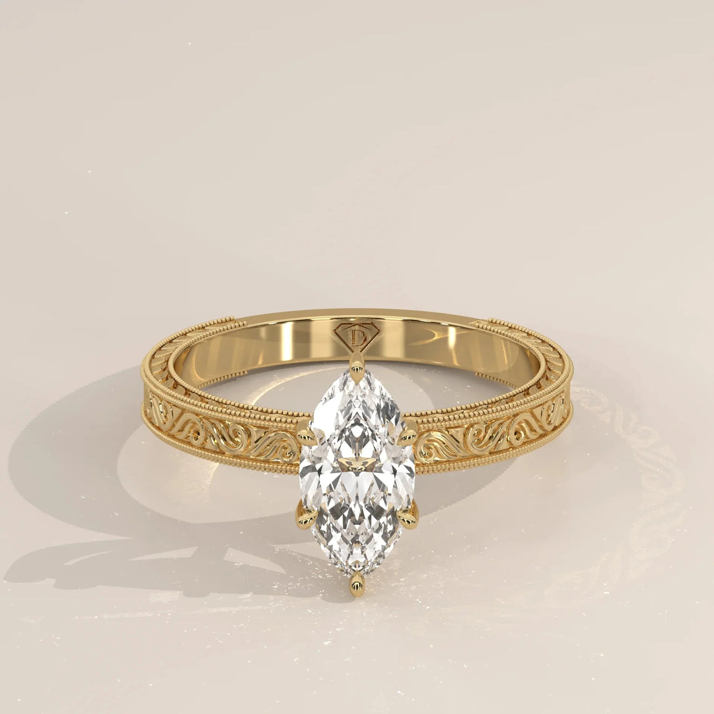 Front View: Marquise Diamond Ring with Solitaire Setting in Yellow Gold – Lab Grown – Driona Jewels