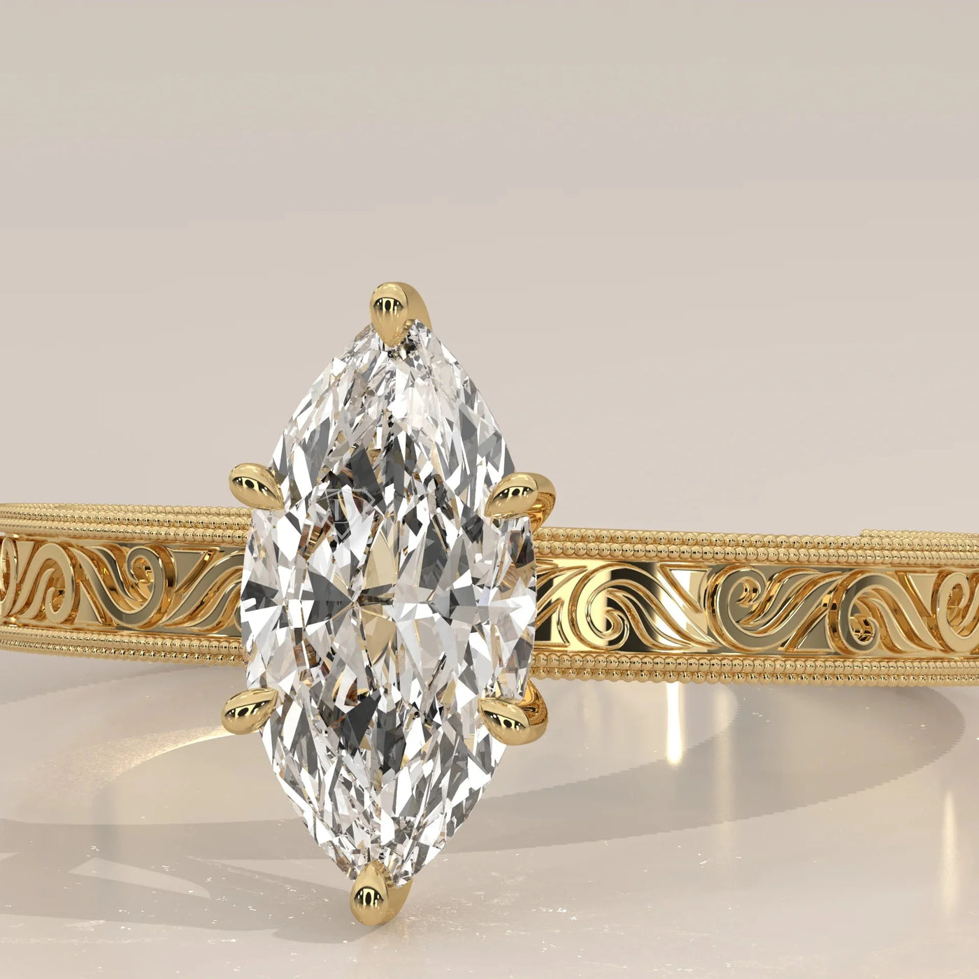 Front View: Marquise Diamond Ring with Solitaire Setting in Yellow Gold – Lab Grown – Driona Jewels