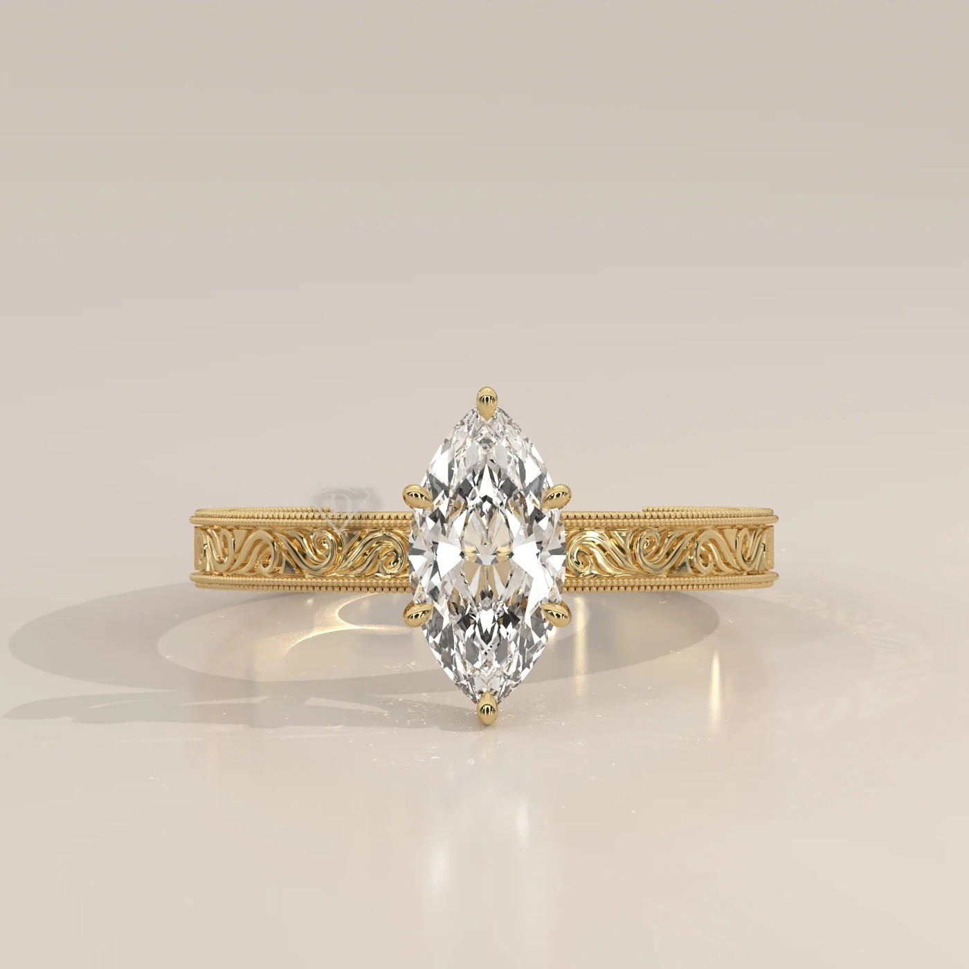 Front View: Marquise Diamond Ring with Solitaire Setting in Yellow Gold – Lab Grown – Driona Jewels