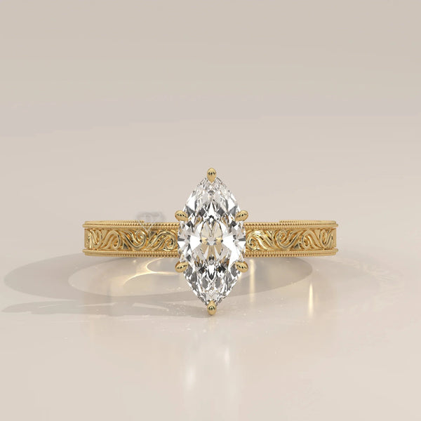 Front View: Marquise Diamond Ring with Solitaire Setting in Yellow Gold – Lab Grown – Driona Jewels