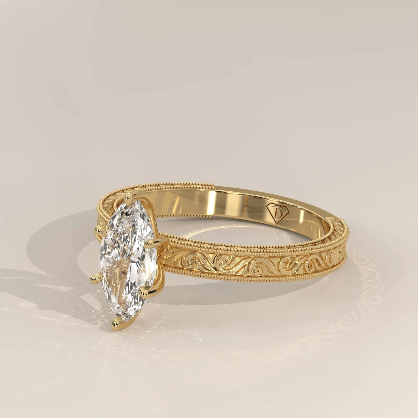 Side Profile: Marquise Diamond Ring with Solitaire Setting in Yellow Gold – Lab Grown – Driona Jewels