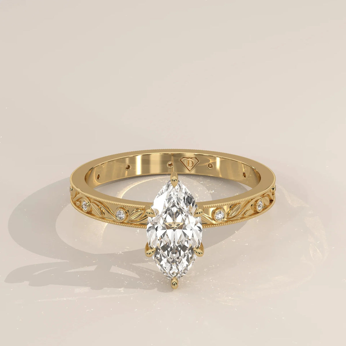Front View: Marquise Diamond Ring with Solitaire Setting in Yellow Gold – Lab Grown – Driona Jewels