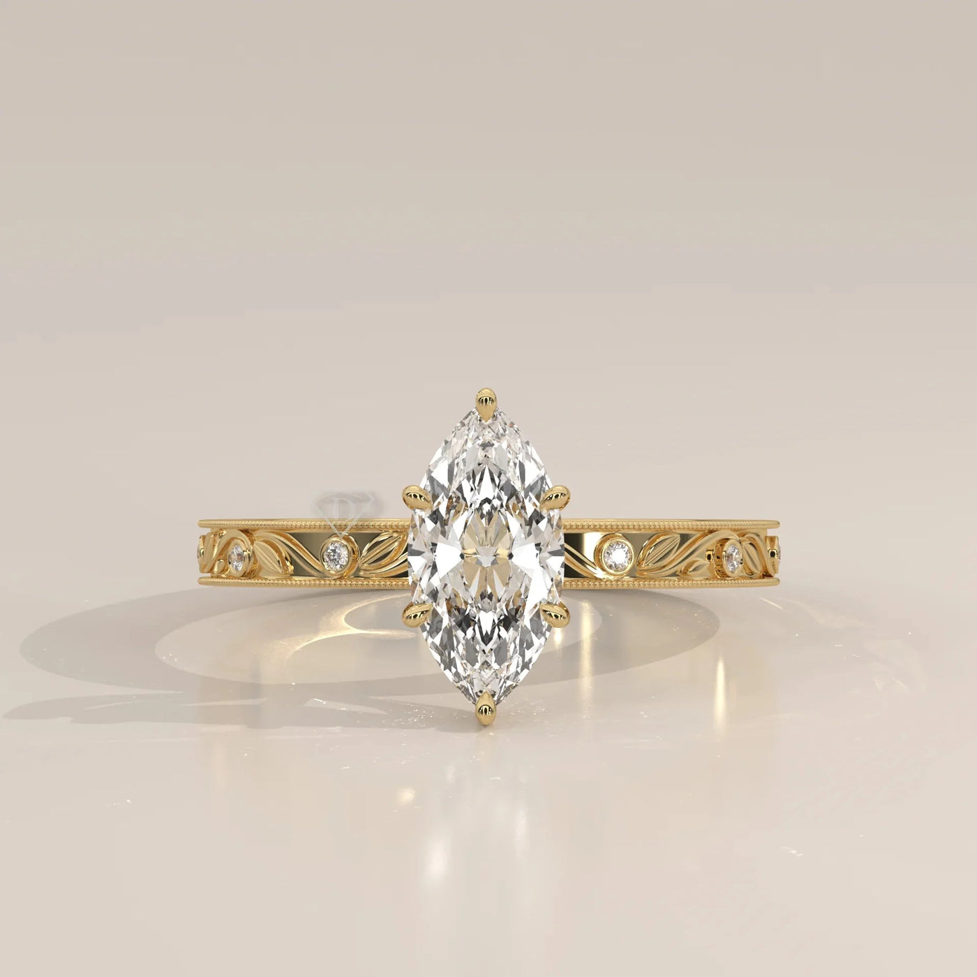 Front View: Marquise Diamond Ring with Solitaire Setting in Yellow Gold – Lab Grown – Driona Jewels